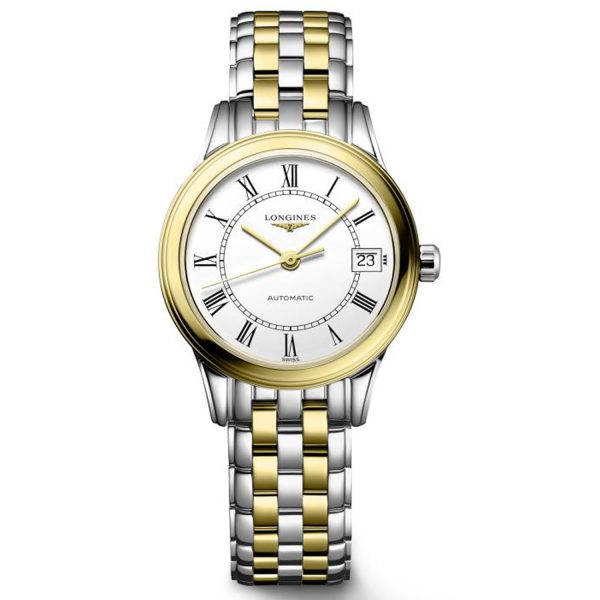 Longines, Flagship with a 26mm stainless steel and yellow gold PVD coated case and bracelet strap featuring a date function and a white dial.