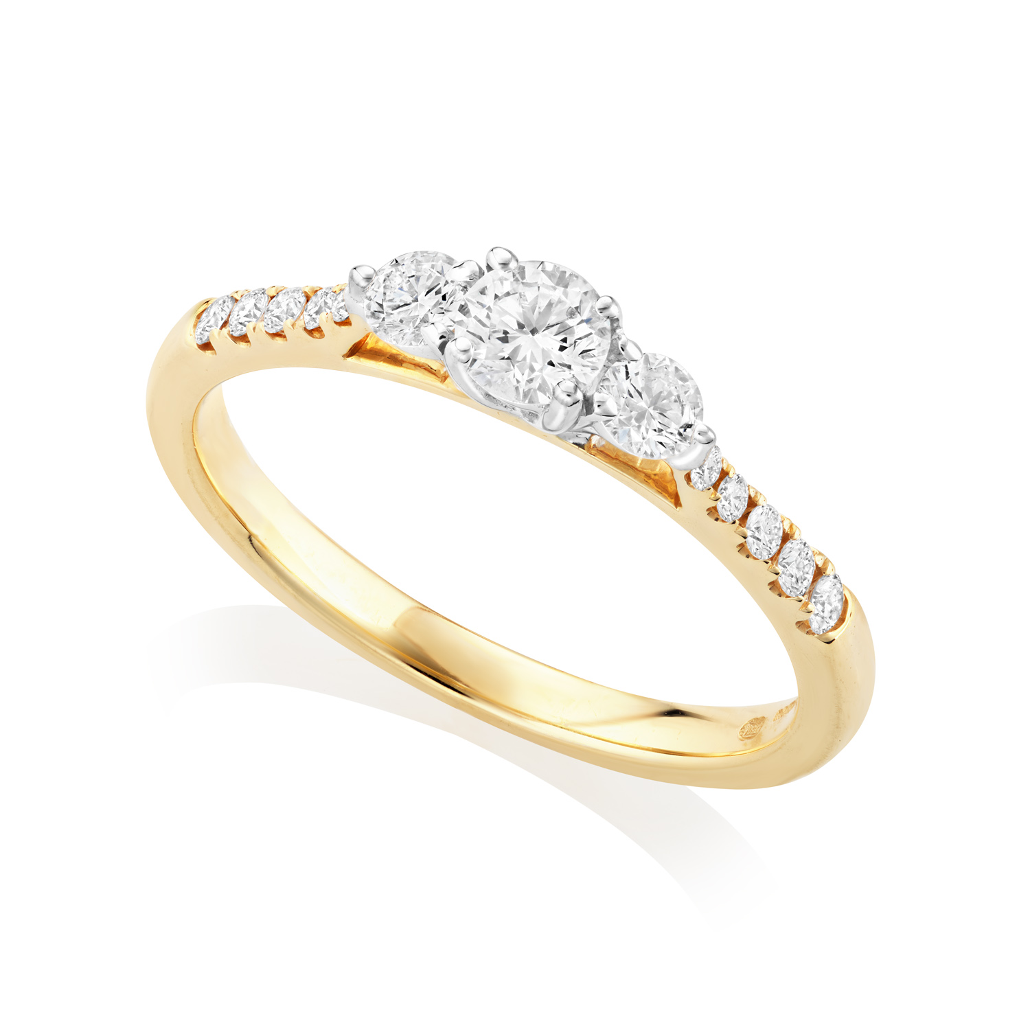 18ct Yellow & White Gold Round Brilliant Cut Diamond Three Stone Ring with Diamond Shoulders