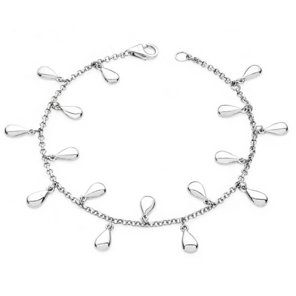 A sterling silver tear drop bracelet featuring 16 teardrops, belonging to Lucy Quartermaine's Tear Drop collection.