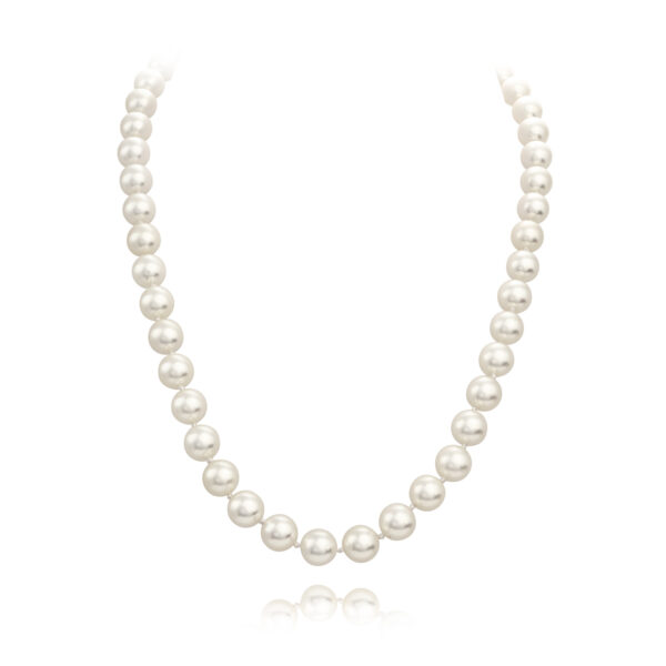 A uniform cultured pearl necklace with a 9ct yellow gold clasp.