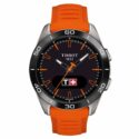 Tissot, T-Touch Connect Sport with a 43.7mm titanium case and an orange silicone strap featuring an AMOLED touchscreen display a black dial and black ceramic bezel.