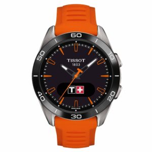 Tissot, T-Touch Connect Sport with a 43.7mm titanium case and an orange silicone strap featuring an AMOLED touchscreen display a black dial and black ceramic bezel.