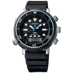 Seiko, Prospex PADI ‘Arnie’ Hybrid Diver’s 40th Anniversary Special Edition with a 46.9mm stainless steel case and a black silicone strap featuring a digital window on a black analogue dial.