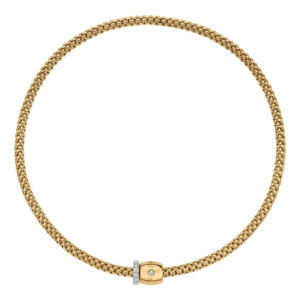 An 18ct yellow gold Flex'It necklace with one large yellow gold diamond set rondel and a smaller white gold diamond set rondel, belonging to FOPE's Solo Collection.