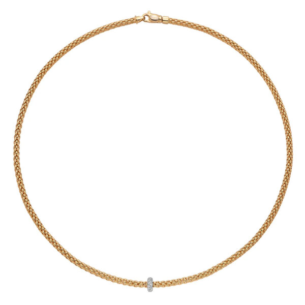 An 18ct rose gold Flex'It necklace with a single white gold diamond set rondel, belonging to FOPE's Prima Collection.