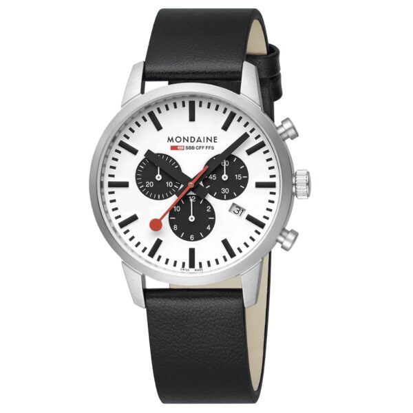 Mondaine, Neo with a 41mm stainless steel case and a black vegan grape leather strap featuring a chronograph, date function and a white dial.