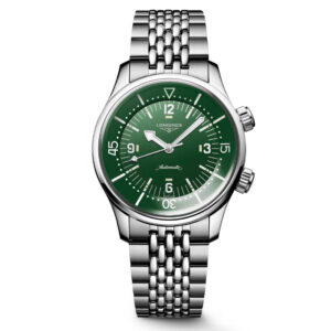 Longines, Legend Diver with a 39mm stainless steel case and bracelet strap featuring a green arabic numeral dial.