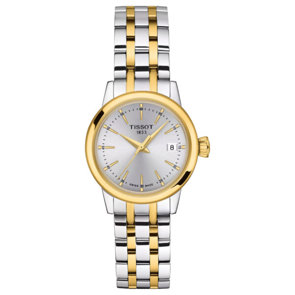 Tissot, Classic Dream with a 28mm stainless steel and yellow gold PVD coated case and bracelet strap featuring a date function and a silver dial.