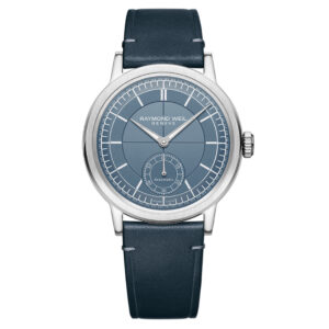 Raymond Weil, Millesime with a 39.5mm stainless steel case and a blue leather strap featuring a small seconds and a blue dial.