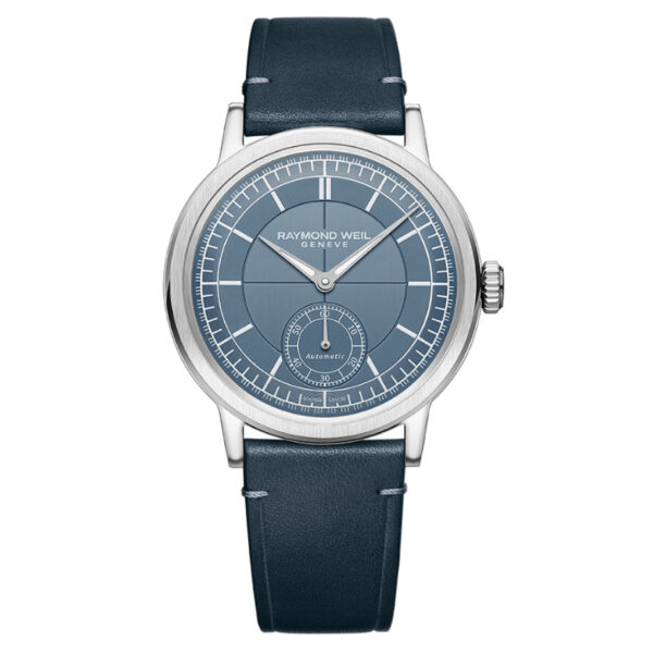 Raymond Weil, Millesime with a 39.5mm stainless steel case and a blue leather strap featuring a small seconds and a blue dial.