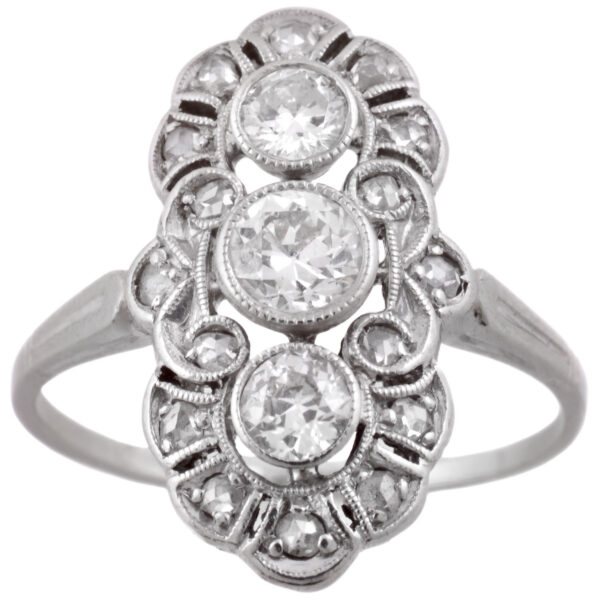 A 14ct white gold Art Deco diamond plaque ring containing rose cut and old round brilliant cut diamonds. Circa 1915.