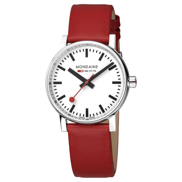 Mondaine, evo2 with a 35mm stainless steel case with a red vegan grape leather strap featuring a white dial.