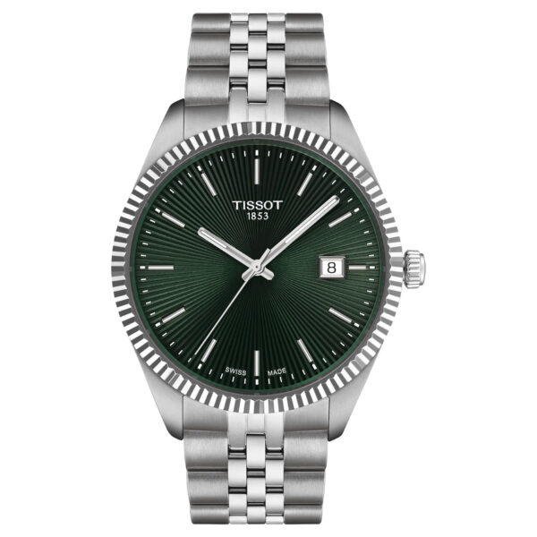 Tissot, Ballade with a 40mm stainless steel case and bracelet strap featuring a date function and a green guilloché dial.