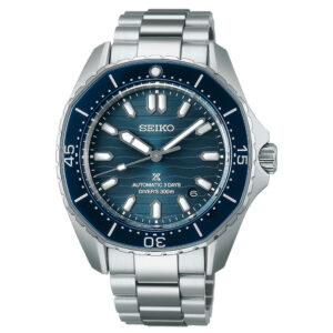 Seiko, Prospex 'Polygonal in Coastline-Cobalt' with a 41.3mm stainless steel case and bracelet strap featuring a date function and a blue dial and bezel.