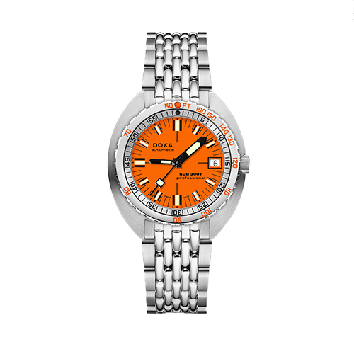 DOXA SUB200T, Professional Iconic with a 39mm stainless steel case and bracelet strap featuring a date function and an orange dial.