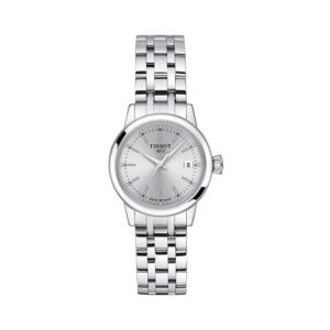 Tissot, Classic Dream Lady with a 28mm stainless steel case and bracelet strap with a date function and a silver dial.