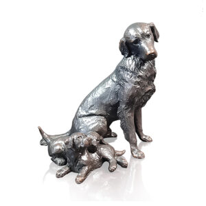 Made from solid foundry bronze, this piece depicts a Golden Retriever mother with her two puppies, laying next to her playing.