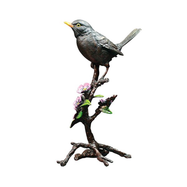 Made from solid foundry bronze, this piece depicts a blackbird sitting on a blossom tree branch.