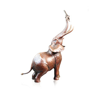 Made from solid foundry bronze, this piece depicts a magnificent bull elephant standing tall on its back legs to reach an acacia tree branch.