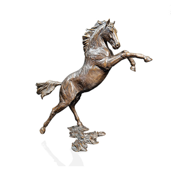 Made from solid foundry bronze, this piece depicts a striking yet elegant horse rearing up on its back legs.